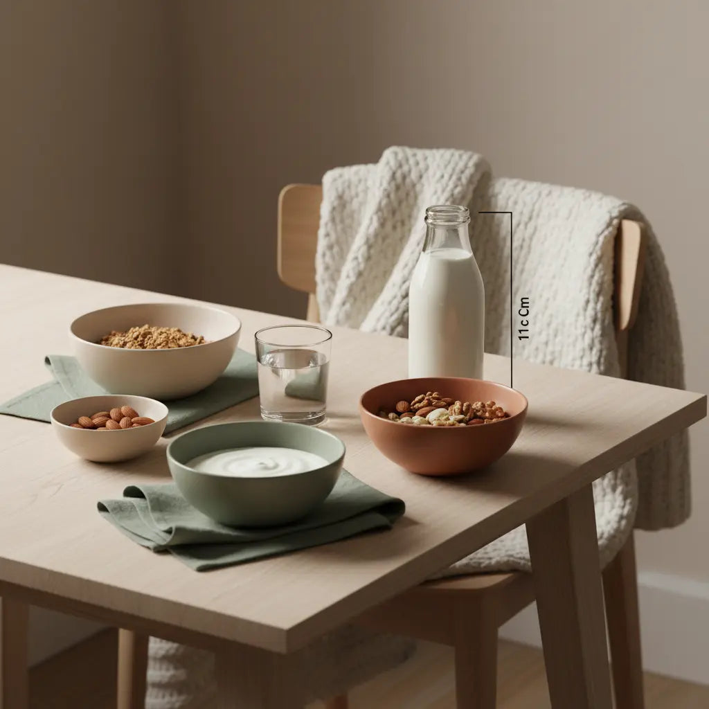 Veganes Frühstück mit Granola, Pflanzenjoghurt, Nüssen, Glas Wasser und Shake in minimalistischer Küche – was isst man am besten 30 Minuten vor dem Training