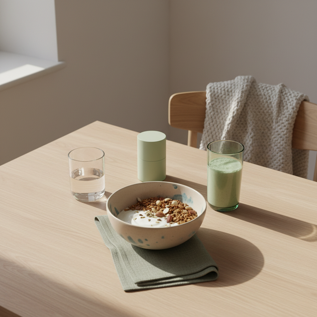 Was ist das Ziel von Bodybuilding? Minimalistische europäische Küche mit nachhaltigem Frühstück: Granola, Joghurt, Nüsse und Shake auf einem einladenden Holztisch in warmen Beige‑ und Salbeigrün‑Tönen.