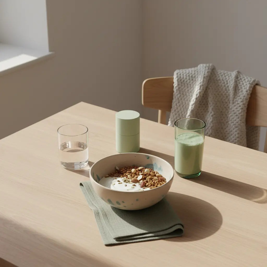 Was ist das Ziel von Bodybuilding? Minimalistische europäische Küche mit nachhaltigem Frühstück: Granola, Joghurt, Nüsse und Shake auf einem einladenden Holztisch in warmen Beige‑ und Salbeigrün‑Tönen.