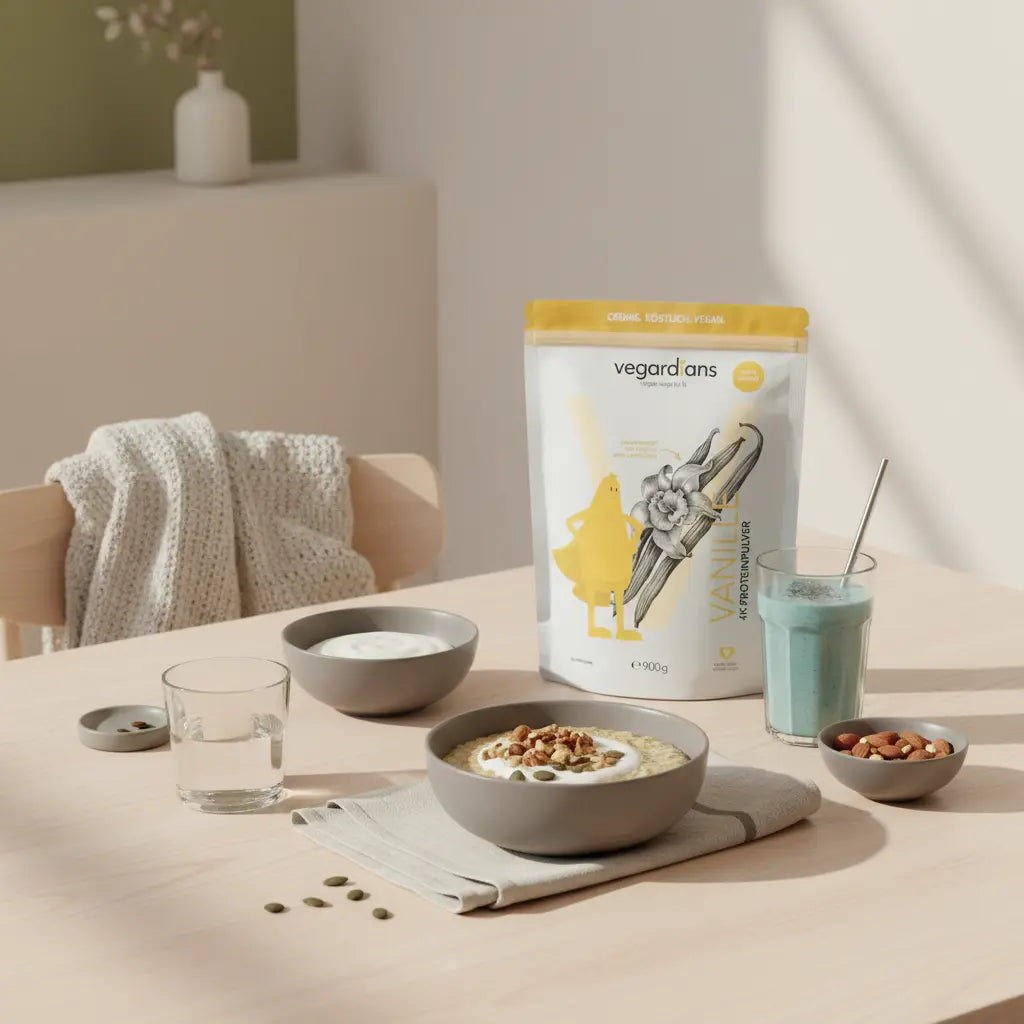 Veganer Frühstückstisch im sanften Morgenlicht mit Porridge, ungesüßtem Joghurt, Nüssen und kleinem Proteinshake in nachhaltiger Küche – Was kann ich essen ohne Kohlenhydrate und Zucker?