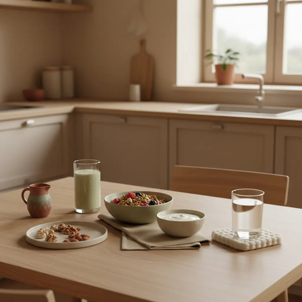 Minimalistisches veganes Frühstück mit Granola, Joghurt, Nüssen und Shake auf Holztisch in europäischer Küche im Morgenlicht — was nicht in den Thermomix