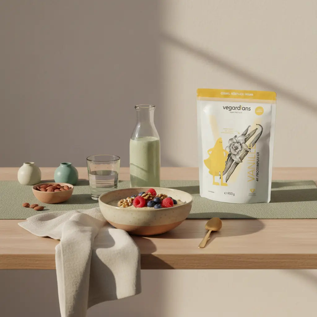 Was sollte eine Schwangere jeden Tag essen: Minimalistische europäische Küche mit Holztisch, Glas Wasser, Porridge mit Beeren, Nüssen und pflanzlichem Shake im sanften Morgenlicht.