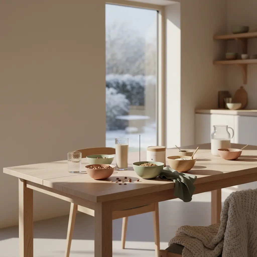 Minimalistisches Frühstück mit Granola, pflanzlichem Joghurt, Nüssen und Shake in einer europäischen Küche im Morgenlicht — Was sollte man als Vegetarier jeden Tag essen?