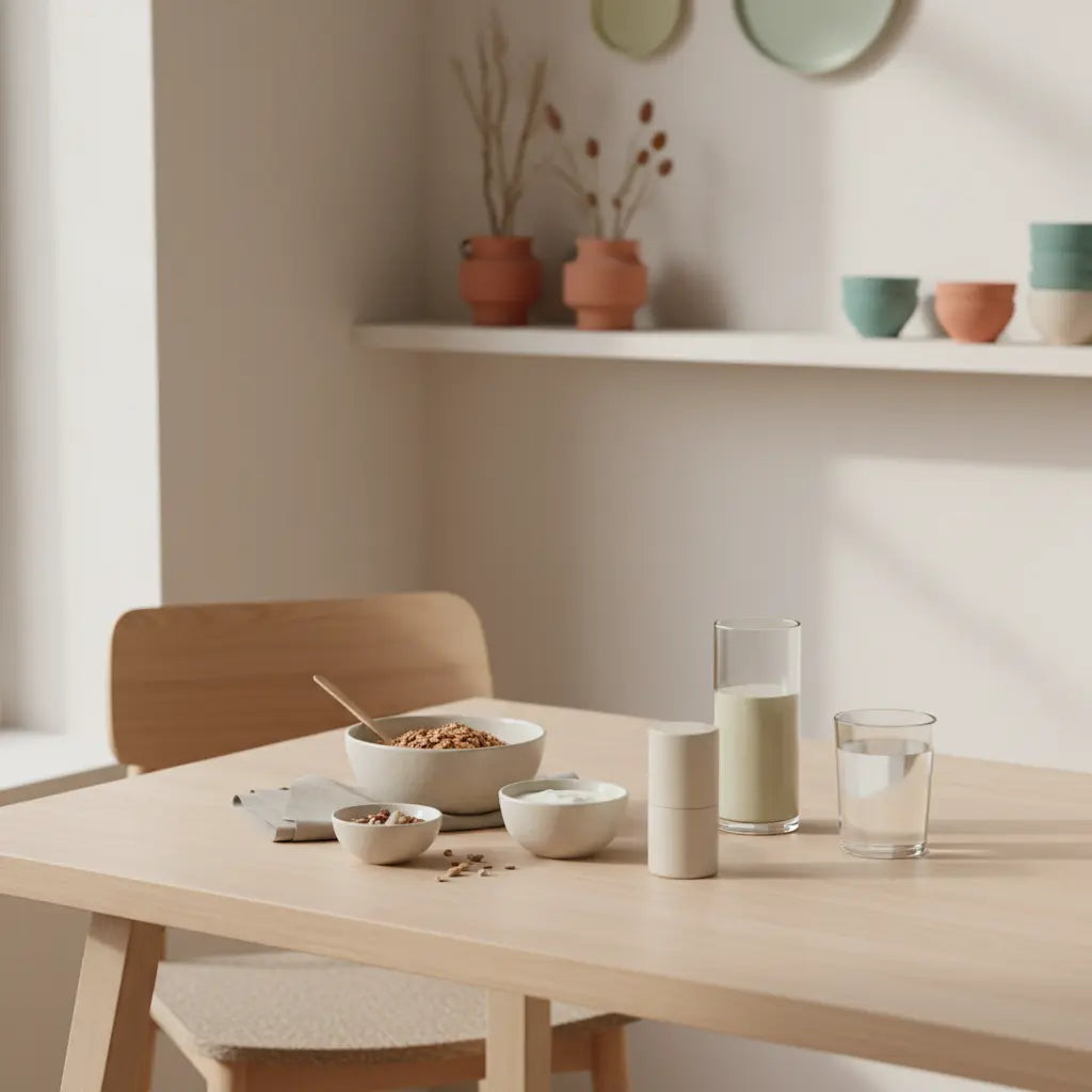 Minimalistisches nachhaltiges Frühstück mit Granola, pflanzlichem Joghurt, Nüssen und Shake in einer europäischen Küche — was sollte man jeden tag essen pflanzlich