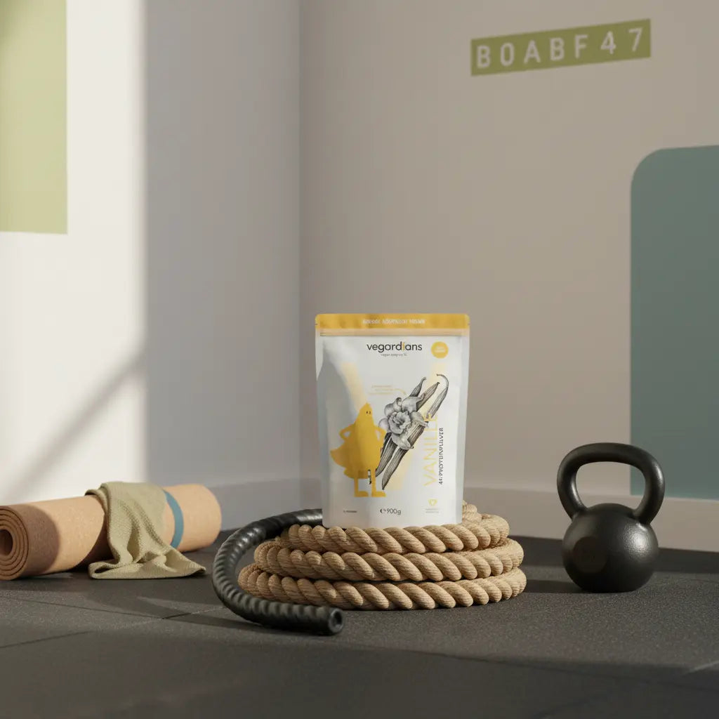 Was trainiert man mit Ropes? Realistische Gym‑Ecke ohne Menschen mit coiled Battle‑Rope auf dunklem Gummiboden neben Matte und Kettlebell, sanftes Morgenlicht, Brand‑Akzente #B0BF71/#4A9A9E