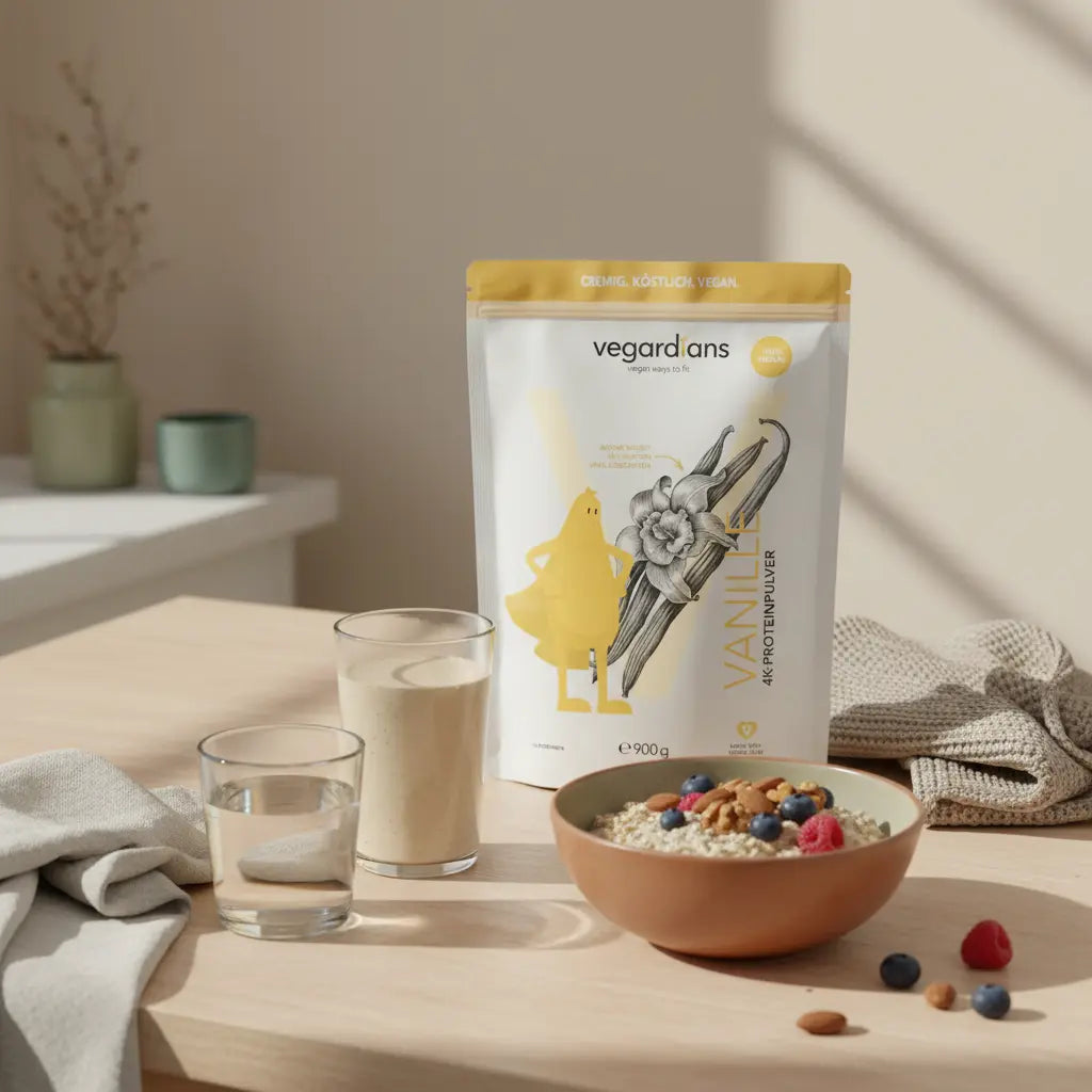 Stillleben auf nachhaltigem Holztisch mit Glas Wasser, veganem Shake, Haferflocken, Nüssen und frischen Beeren im sanften Morgenlicht — Was trinken für Muskelaufbau