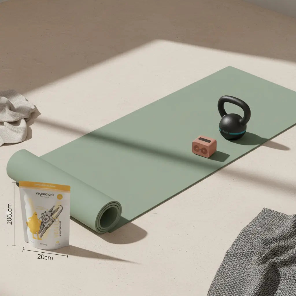 Minimalistische Trainingsszene mit Matte, Kettlebell und Intervall-Timer im Morgenlicht – ideale Illustration für Was wird bei Tabata trainiert?