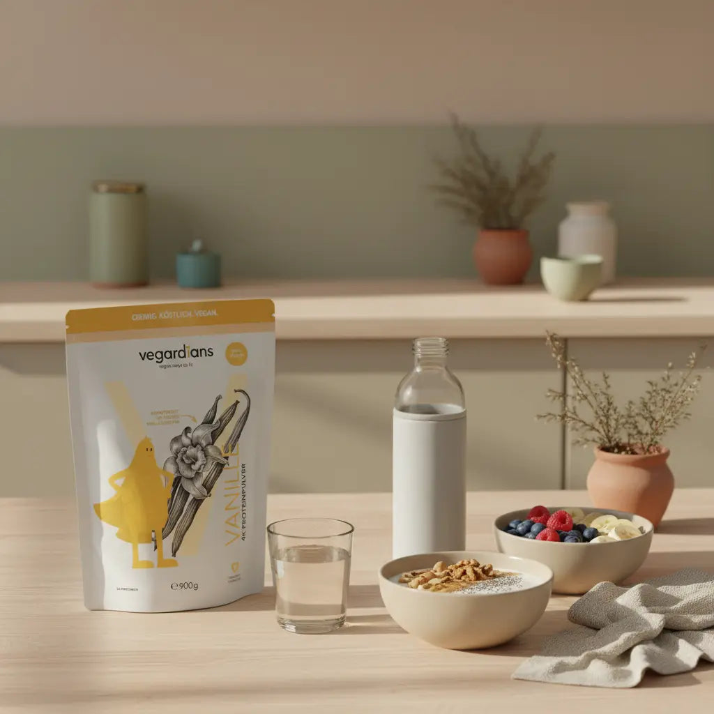 Glas Wasser auf nachhaltigem Holztisch neben veganem Müsli, wiederbefüllbarer Flasche und Leinenserviette im sanften Morgenlicht — Wasser vor dem Essen, minimalistisch und ruhig.