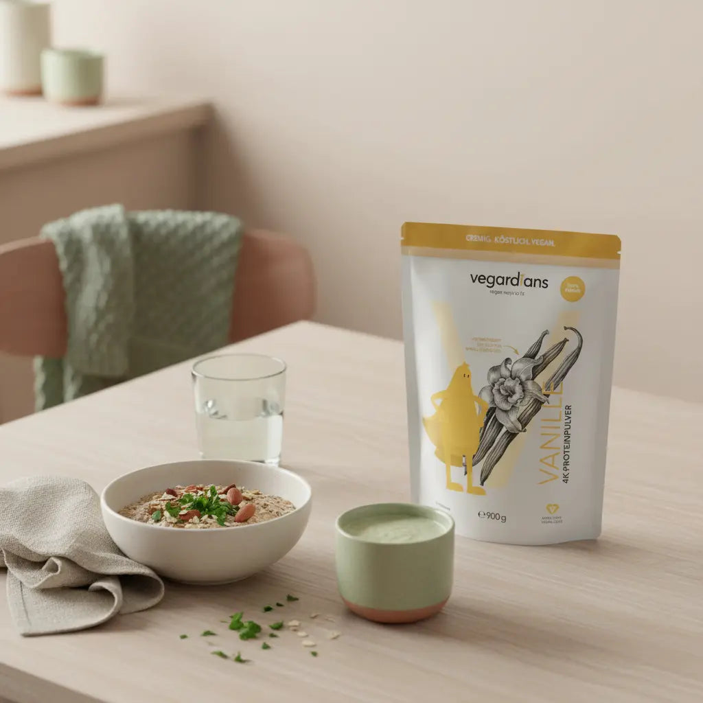 Minimalistische Küchenszene mit Glas Wasser, Haferbrei, veganem Shake und Vegardians-Produkt auf Holztisch – Wassertabletten Abnehmen