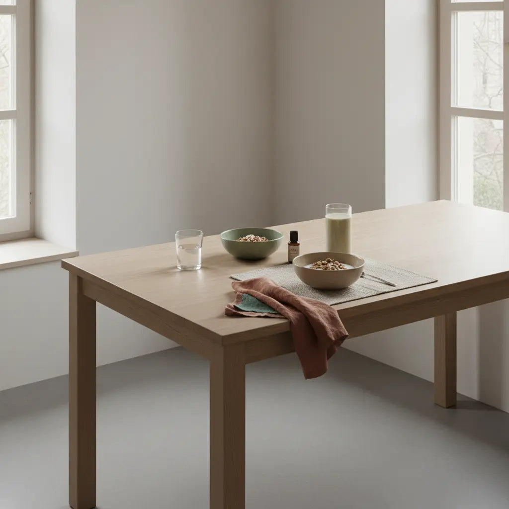 Minimalistisches Frühstück in einer europäischen Küche mit veganem Granola, Joghurt, Nüssen und Shake auf nachhaltigem Tisch mit Keramikschalen – Weihnachtsideen Grundschule.