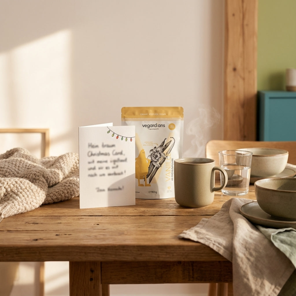 Minimalistischer Esstisch mit handgeschriebener Weihnachtskarte, Tasse Tee, Glas Wasser und veganem Probebeutel – Weihnachtswünsche Gesundheit in warmem Morgenlicht.