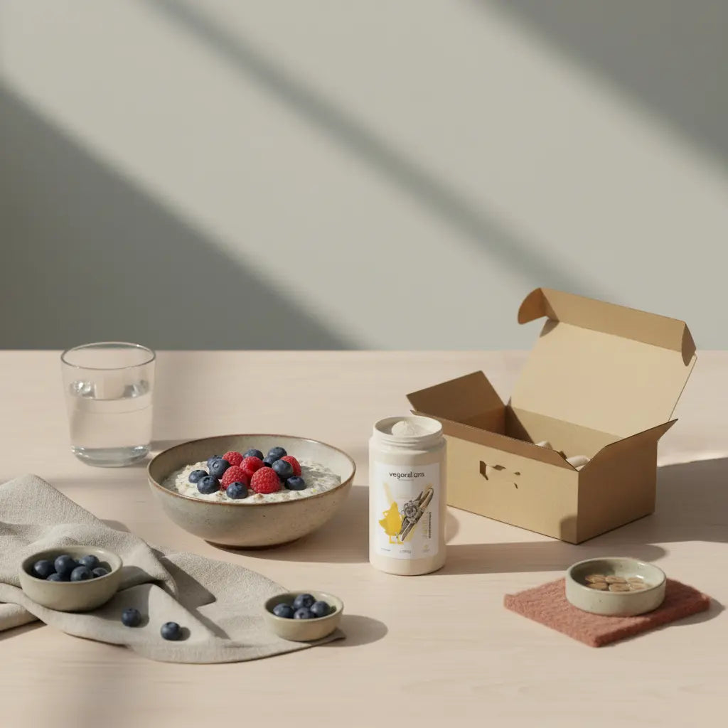 Welche Hormone fehlen, wenn man nicht abnimmt? Ruhiges Frühstück mit Haferflocken, Beeren, Glas Wasser, pflanzlicher Protein-Dose und offener veganer Eisenverpackung im Morgenlicht.