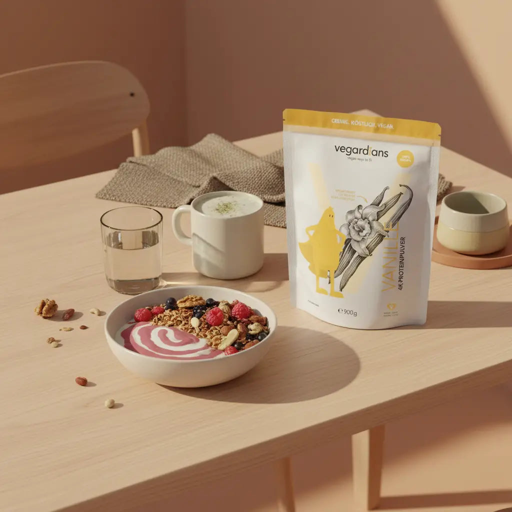 Vegane Protein-Bowl mit Müsli, pflanzlichem Joghurt, Glas Wasser und Shake auf nachhaltigem Holztisch im Morgenlicht, winterliche Leinen- und Wolltexturen — Welche Lebensmittel haben viel Eiweiß zum Abnehmen?