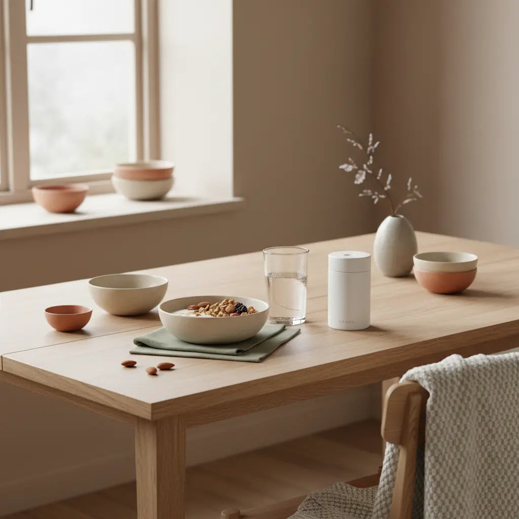 Welche Pflanze hat das meiste Protein? Minimalistisches Vegardians-Frühstück: Granola mit pflanzlichem Joghurt, Nüssen und Proteinshake in Keramikschalen, beige‑salbei‑terracotta Farbwelt.