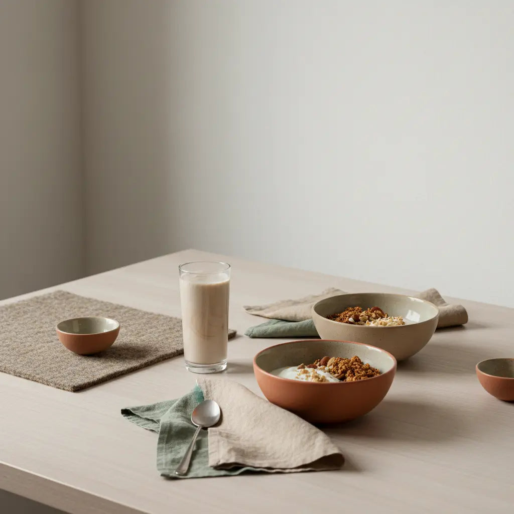 Europäische Küchenszene: Granola, Sojajoghurt, Nüsse, Proteinshake und das Produkt aus den Referenzfotos im Vegardians-Stil. Welche Pflanze hilft beim Muskelaufbau?