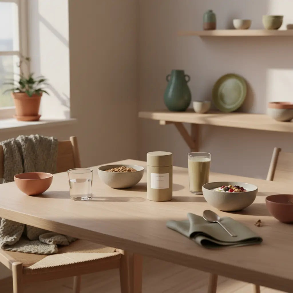 Welche Supplements für den Winter? Minimalistisches Winterfrühstück in heller, nachhaltiger Küche mit Granola, Joghurt, Nüssen, Shake und dem Produkt aus Referenzfotos.