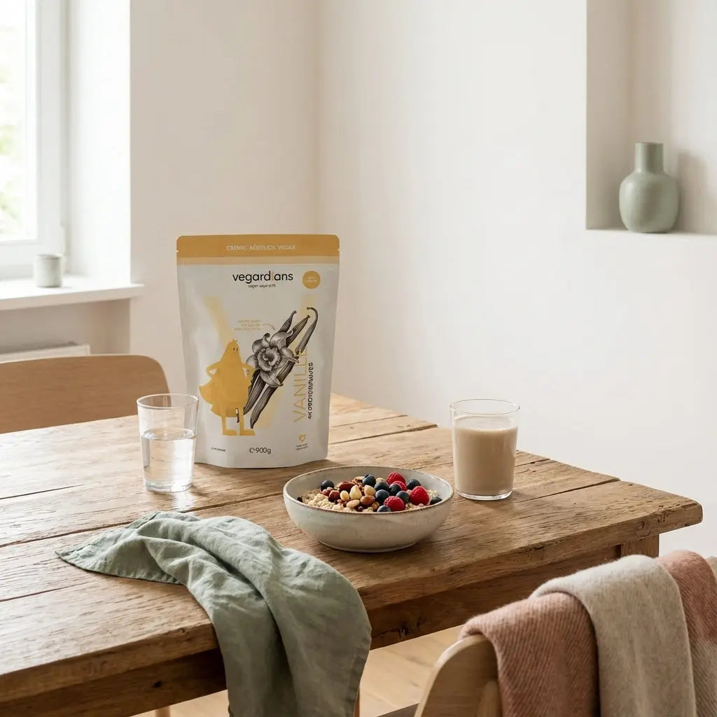 Welche Supplements für Masseaufbau? Vegane Morgenmahlzeit auf nachhaltigem Holztisch mit Hafer, Nüssen, Früchten und pflanzlichem Protein‑Shake im sanften Morgenlicht.