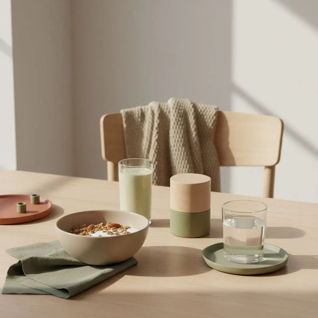 Welche Tabletten helfen wirklich beim Abnehmen? Morgendliche, minimalistische Küchentisch-Szene mit Granola, pflanzlichem Joghurt, Nüssen, Shake und dem Produkt aus den Referenzfotos.