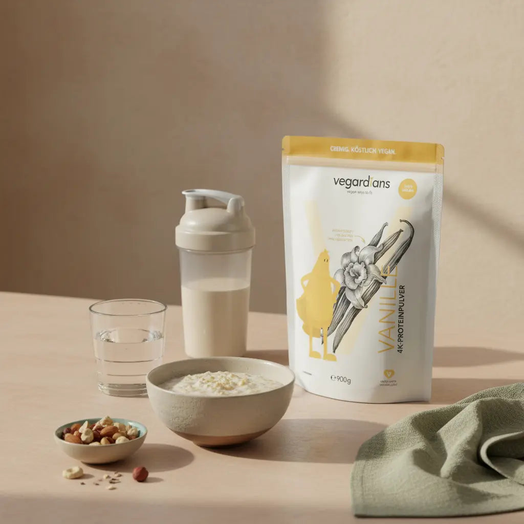 Welche Übung trainiert die meisten Muskeln – minimalistisches Frühstück in einer europäischen Küche: nachhaltiger Holztisch mit Haferporridge, Nüssen, Glas Wasser und neutralem Proteinshake im sanften Morgenlicht.