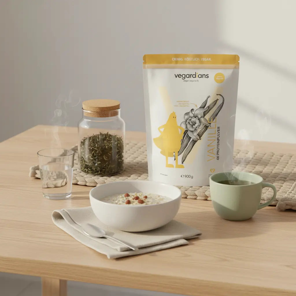 Minimalistische Morgenküche mit Holztisch, Schale Haferflocken, Keramiktasse mit grünem Tee und leichtem Dampf, Glasdose mit losen Teeblättern und Glas Wasser — welcher tee ist gut für fettverbrennung