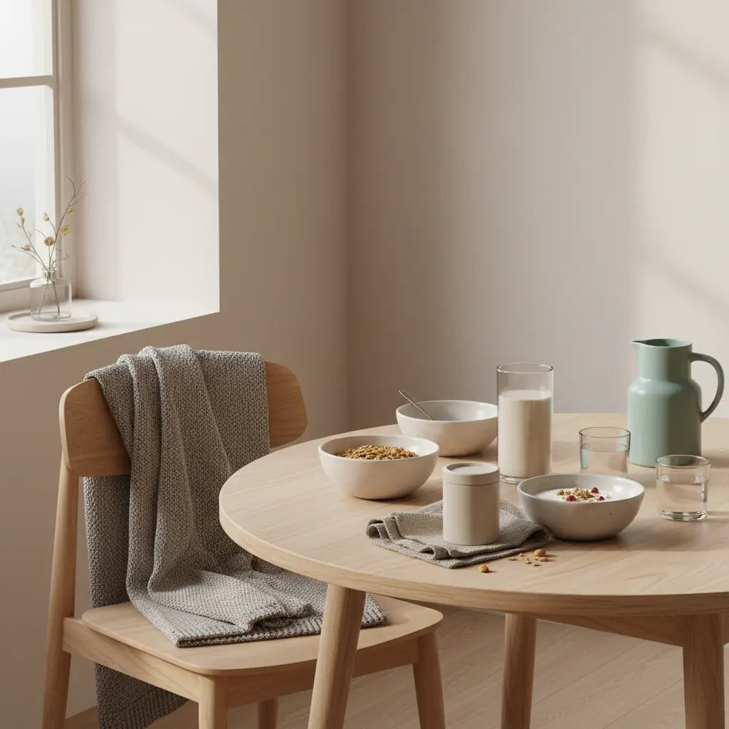 Minimalistisches Frühstück in europäischer Küche bei Morgenlicht mit Haferbrei, Granola, Nüssen und Shake auf nachhaltigem Tisch-Setting – welches gemuese hat viel eisen