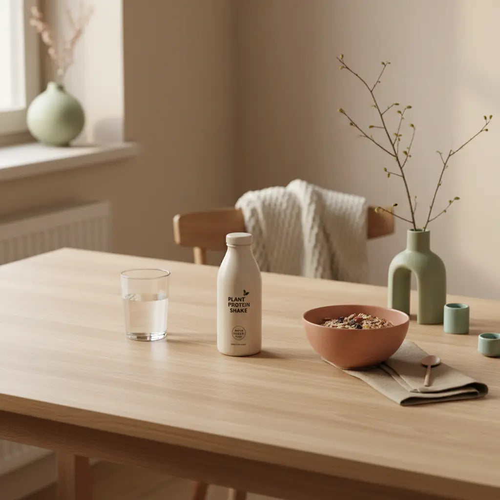 Morgenlicht in europäischer Küche: nachhaltiger Holztisch mit Müsli, Wasserglas und pflanzlichem Shake – welches getränk hilft gegen bauchfett