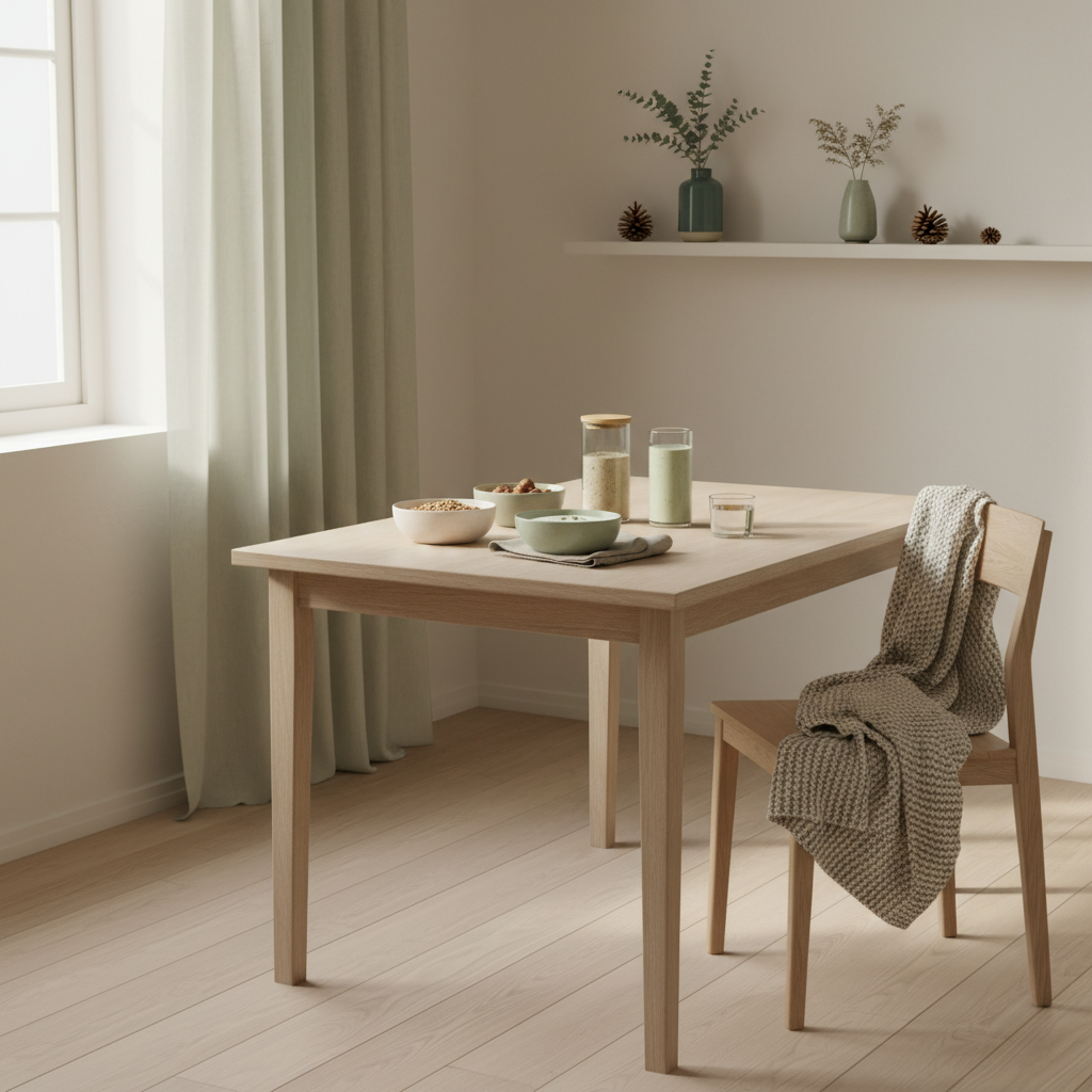 welches lebensmittel hat am meisten eiweiß vegan — minimalistisches Frühstück mit Granola, pflanzlichem Joghurt, Nüssen und Shake auf nachhaltigem Holztisch in sanftem Morgenlicht