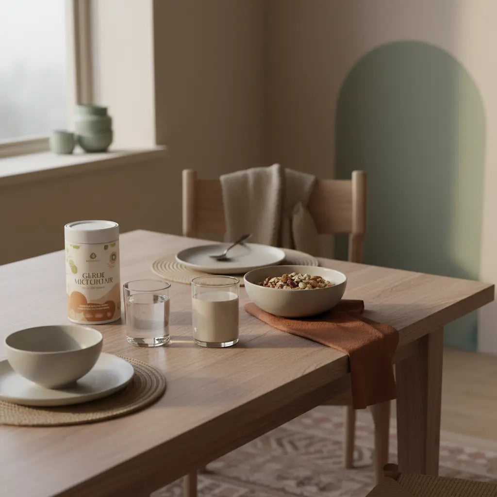 Minimalistische Morgenküche mit Holztisch, Glas Wasser, Schale Müsli, Proteinshake und Keramik – ruhige nährende Szene; Welches Medikament stoppt den Hunger