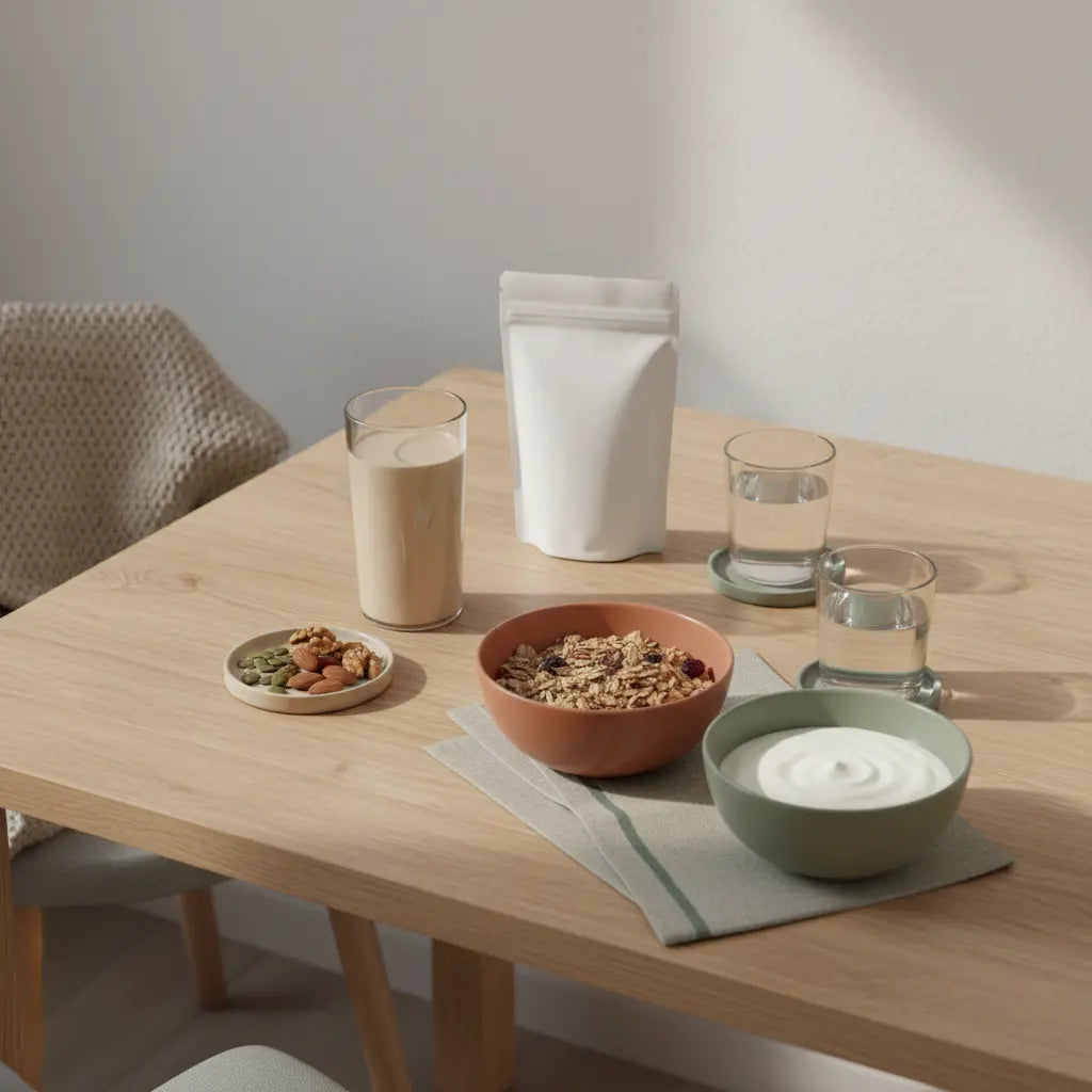 Ruhige Frühstücksszene mit Müsli, veganem Joghurt, Nüssen, klarem Wasserglas und minimalem Proteinshake – welches pulver ist gut zum muskelaufbau