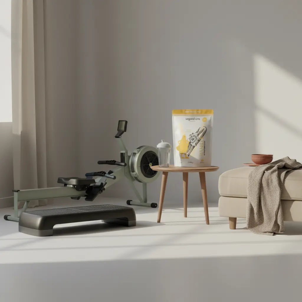 Minimaler Wohnzimmer-Eckbereich mit Stepper, klappbarem Rudergerät und Regal mit Shake-Glas sowie veganem Proteinpulver im Morgenlicht – Welches Sportgerät ist am besten für Bauch-Beine-Po?