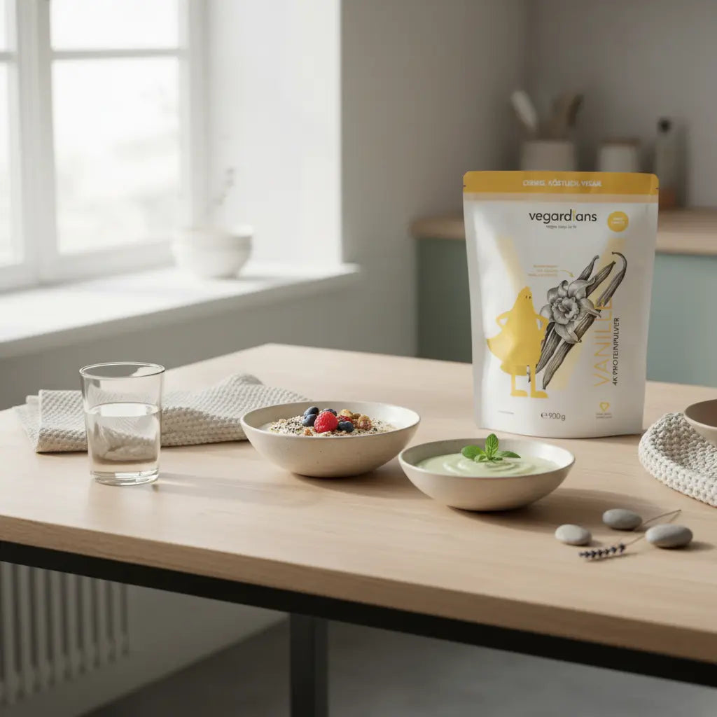 Küchentisch mit veganem Frühstück, Shake, Haferbrei, Glas Wasser und Vegardians-Produkt – Welches Vitamin fehlt wenn man nicht abnimmt