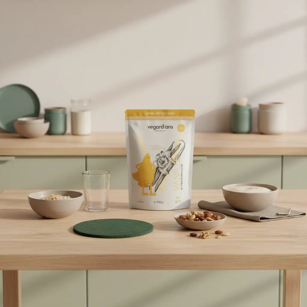 Minimalistische Morgen-Küchenszene mit Haferbrei, Nüssen, Wasserglas und proteinreichem Shake – Thema: Wie baue ich als Frau am schnellsten Muskeln auf?