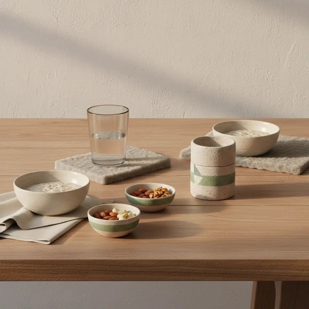 wie ernähre ich mich am besten gesund – minimalistische europäische Küchenszene im Morgenlicht mit Haferbrei, Nüssen und Glas Wasser auf nachhaltigem Holztisch, Beige & Salbei.