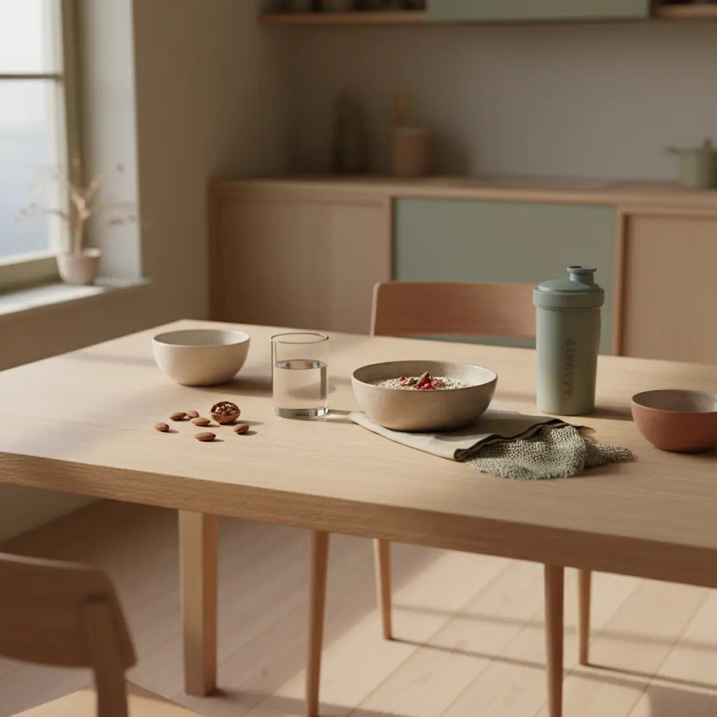 Sanfte Morgenlicht-Küchenszene mit nachhaltigem Holztisch und veganer Mahlzeit (Haferbrei, Nüsse, Wasser, Proteinshake) und winterlichen Texturen – Wie fängt man am besten mit gesunder Ernährung an?