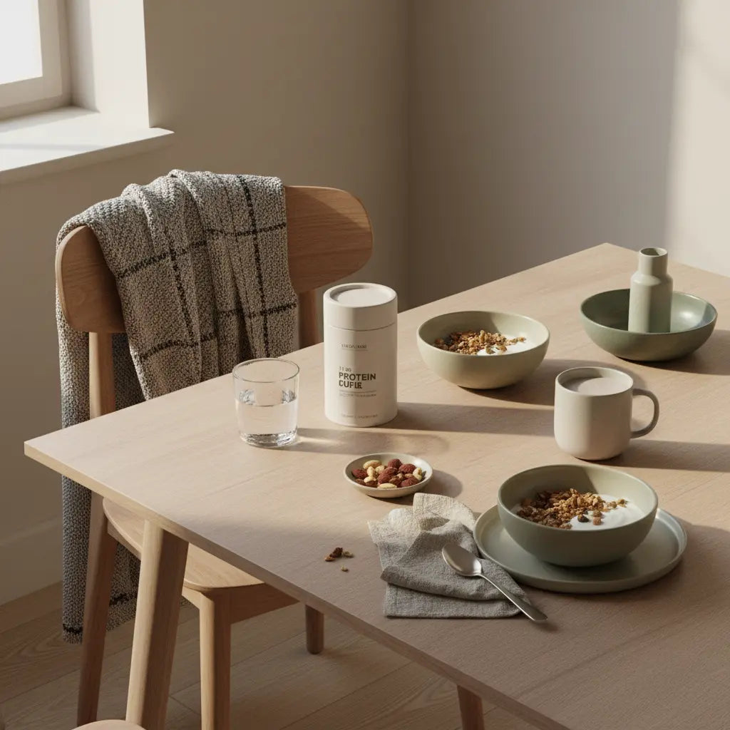 Minimalistisches Frühstück mit Granola, Joghurt, Nüssen, Shake und klarem Wasserglas auf nachhaltigem Tisch im Morgenlicht — Wie fängt man an gesund zu leben