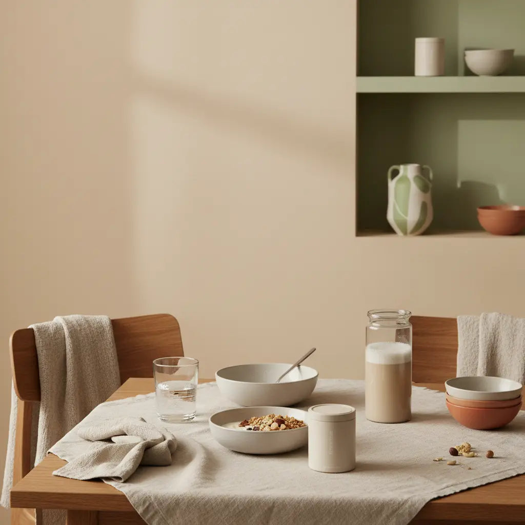 Minimalistisches Vegardians-Frühstück in einer europäischen Küche mit veganem Granola, Joghurt, Nüssen und Shake in ruhiger Morgenstimmung — Wie kann ich gesund 10 kg abnehmen?