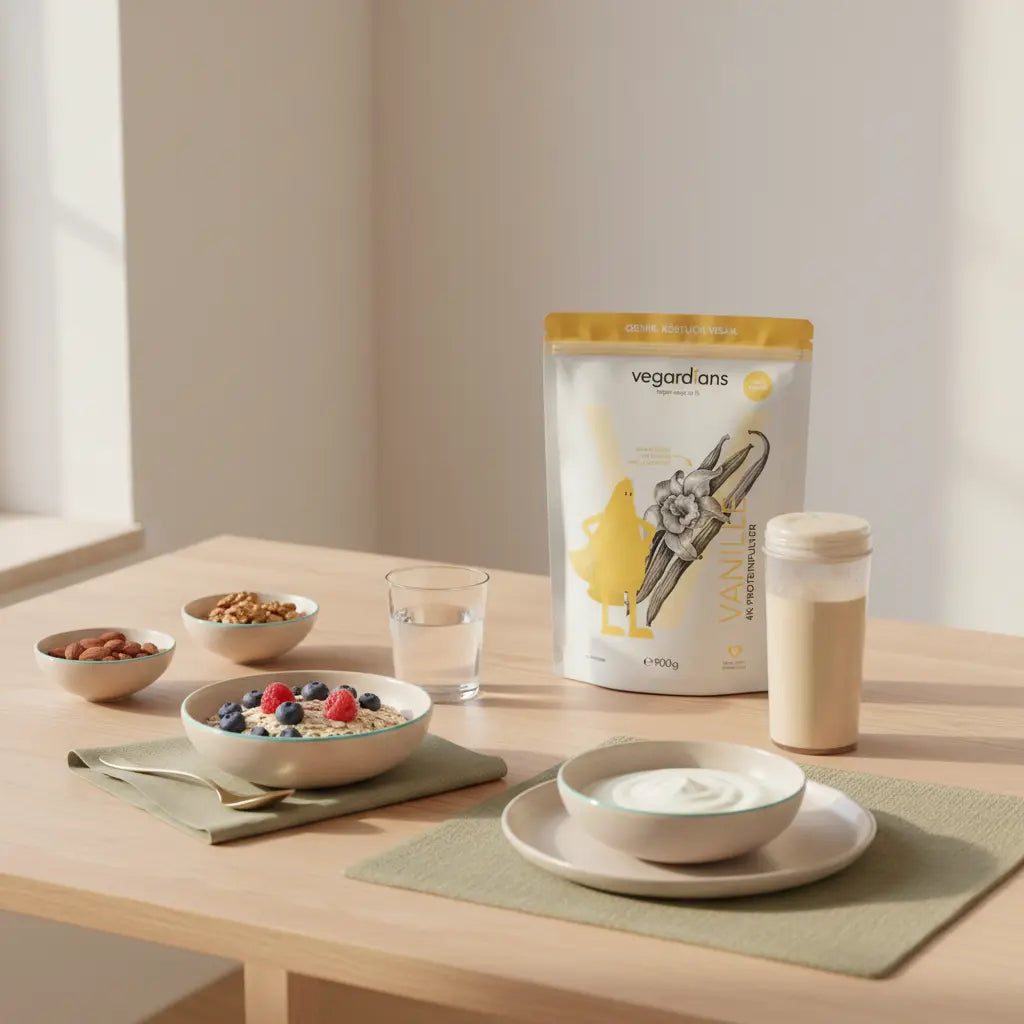 Sanfte Morgenaufnahme eines nachhaltigen Frühstücks mit Hafer, Beeren, pflanzlichem Joghurt, Nüssen und Vegardians-Produkt auf Holztisch – Wie kann man bei zu hohem Cortisol Abnehmen?