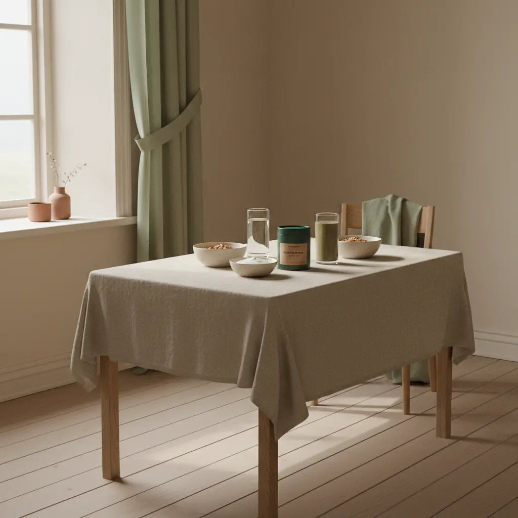 Wie kann man sich im Winter motivieren: Minimalistisches Morgenfrühstück in einer europäischen Küche mit Granola, veganem Joghurt, Nüssen und einem Shake, ruhige, nährende Atmosphäre.