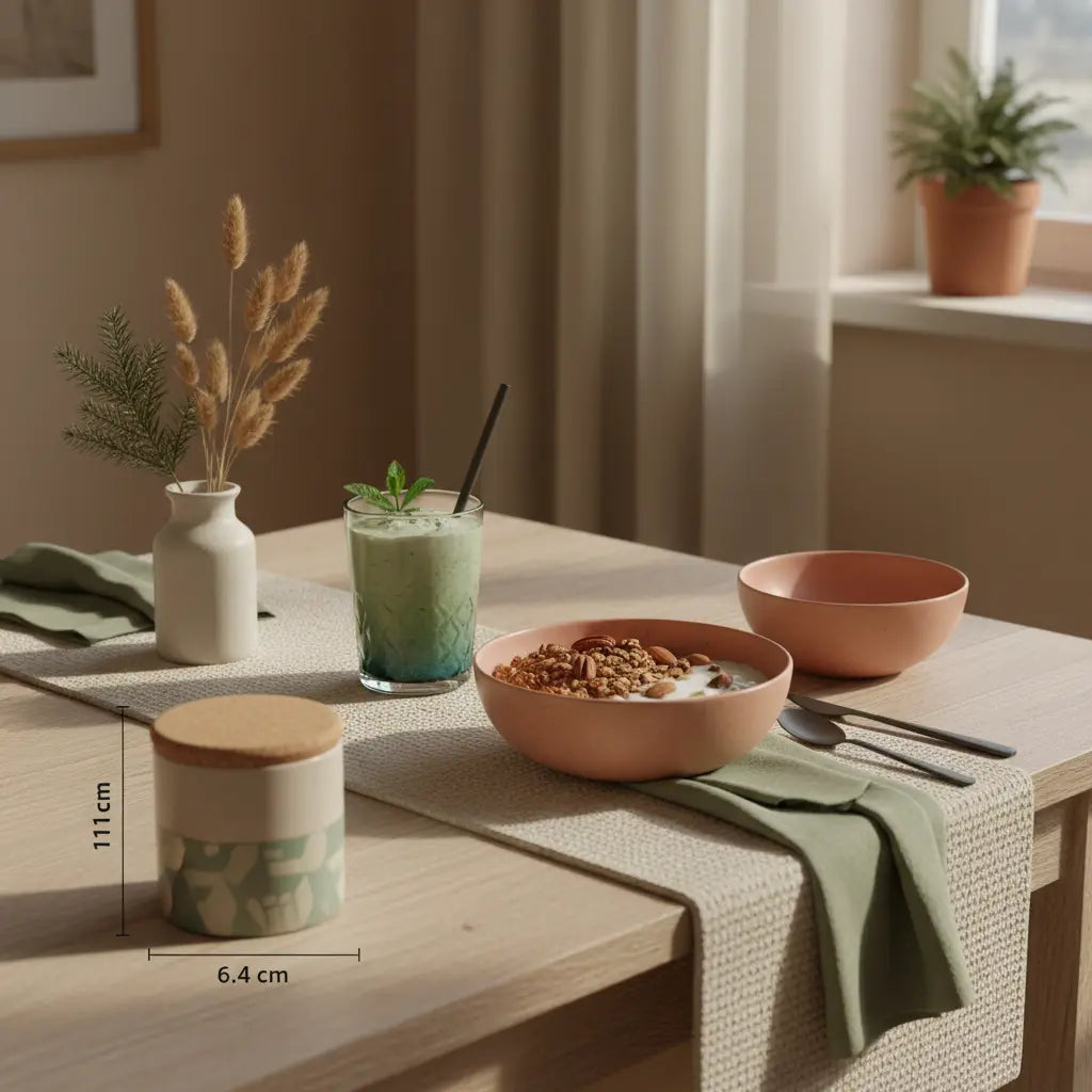 Wie komme ich gesund durch den Winter? Minimalistische Frühstücksszene in einer europäischen Küche mit veganem Granola, pflanzlicher Joghurt-Alternative, Nüssen und Shake, winterliche Wolltexturen, Hintergrund #F7EDE6.