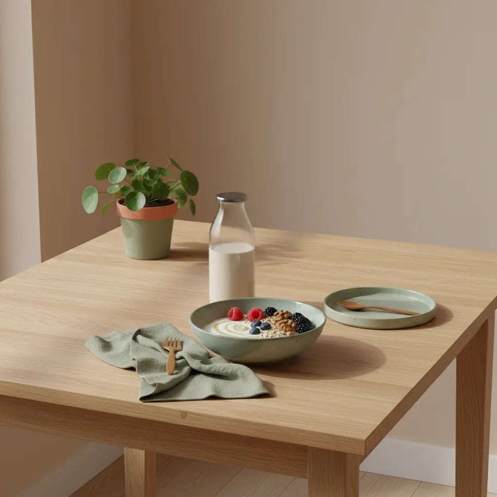 Minimalistische Morgenküche mit veganer Frühstücksplatte, Proteinshake und dem Produkt aus den Referenzfotos — wie lange dauert es bis bauchfett weg ist