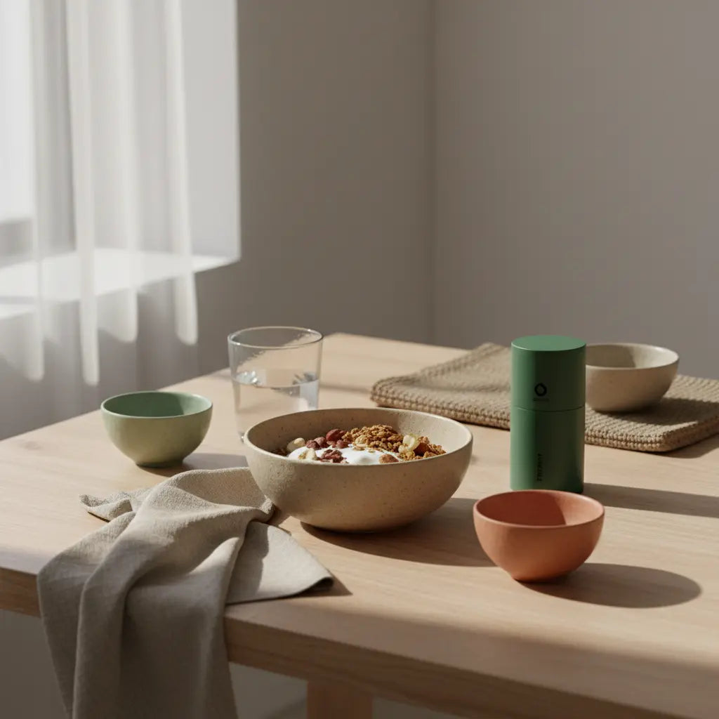 Minimalistisches Morgenfrühstück auf nachhaltigem Holztisch mit Granola, Joghurt, Nüssen, klarem Wasserglas und pflanzlichem Shake – wie lange dauert es bis eine routine entsteht