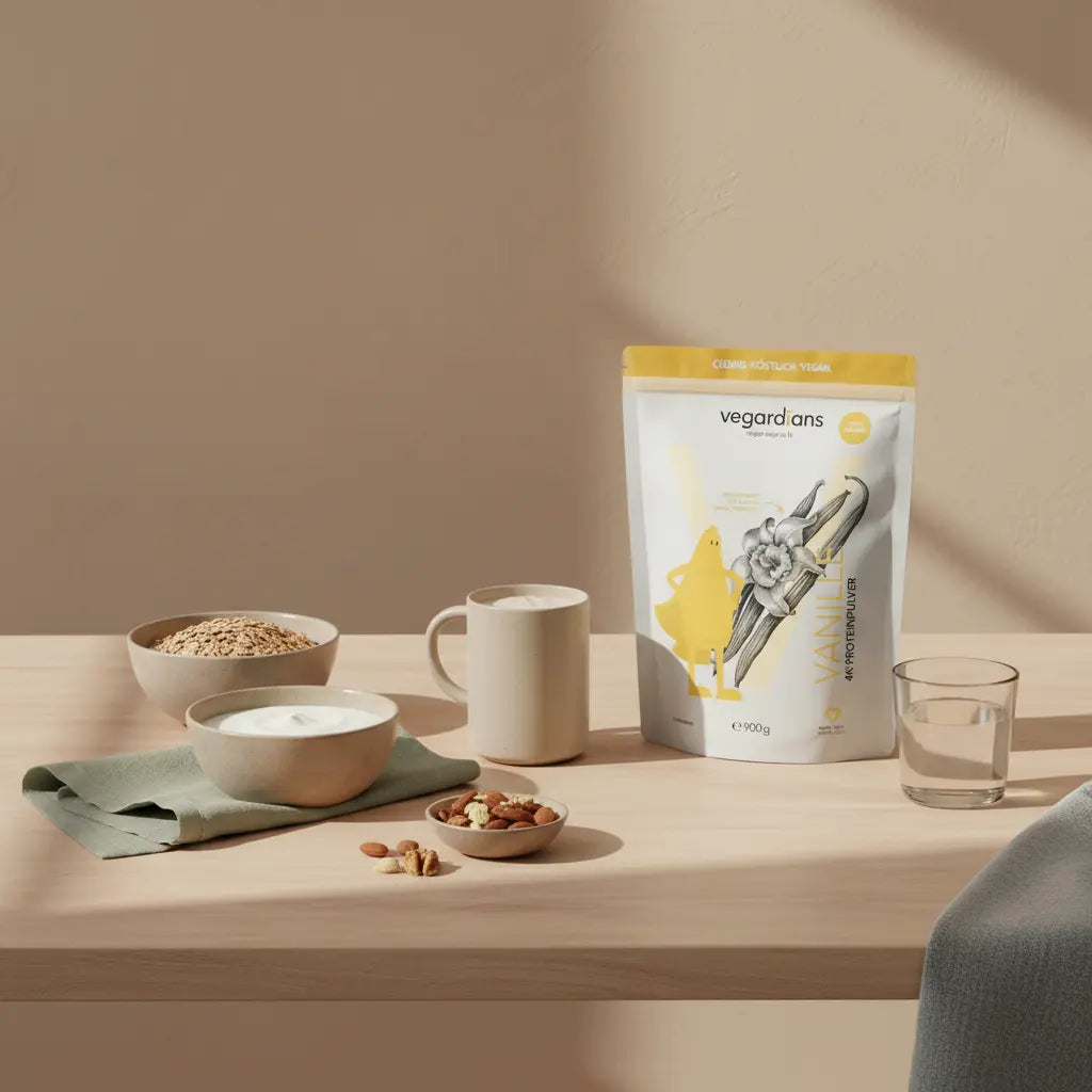 Minimalistische Morgen-Küchenszene: Holztisch mit Glas Wasser, Müsli, pflanzlichem Joghurt, Nüssen und Proteinshake – Wie lange dauert es gesund 30 Kilo abzunehmen?