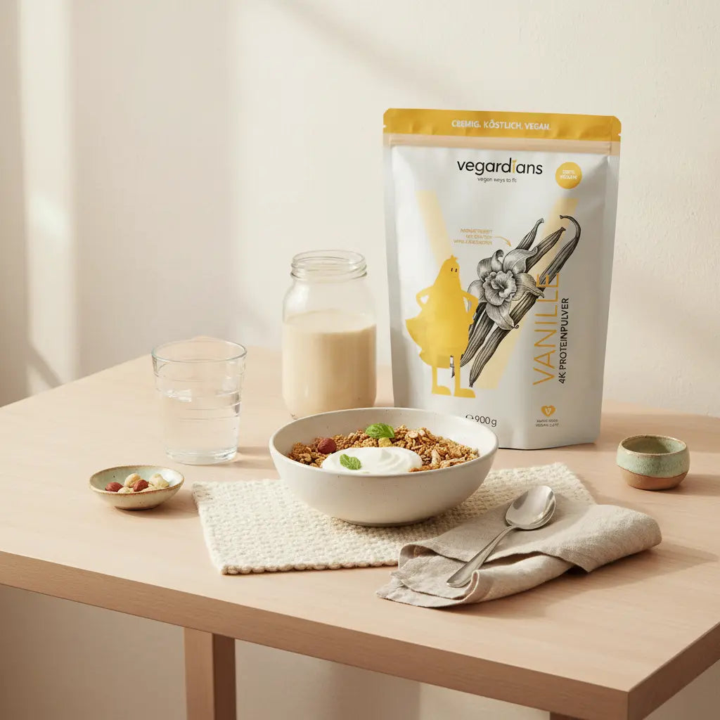 Veganes Frühstück mit Müsli, pflanzlichem Joghurt, Shake und Produkt auf Holztisch in Morgenlicht — Wie lange muss ich Trampolinspringen, um abzunehmen?