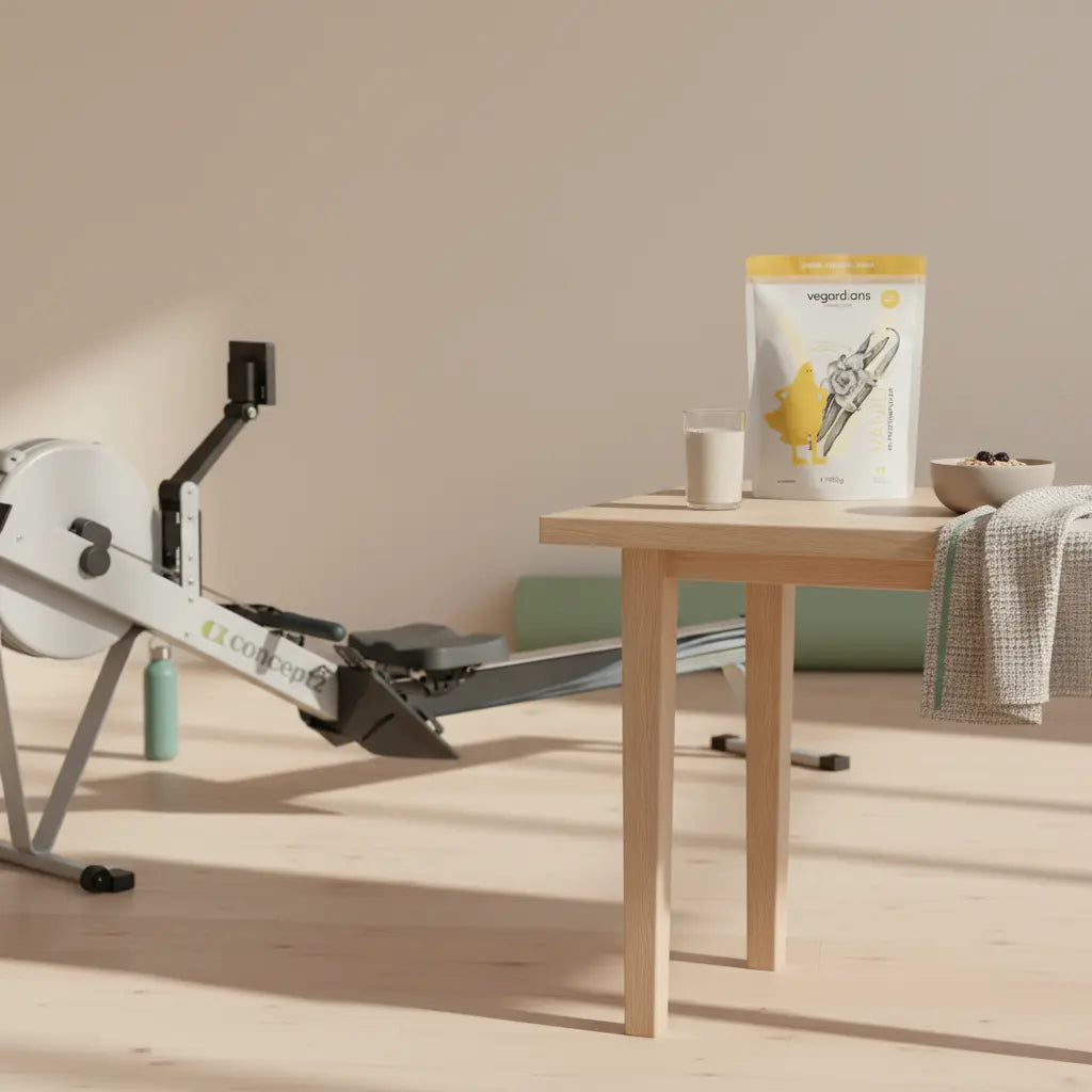 Wie lange Rudern für Muskelaufbau? Minimalistisches Trainingsstudio mit Ruderergometer, Holztisch, Proteinshake, Haferflocken und Stoffhandtuch im sanften Morgenlicht.