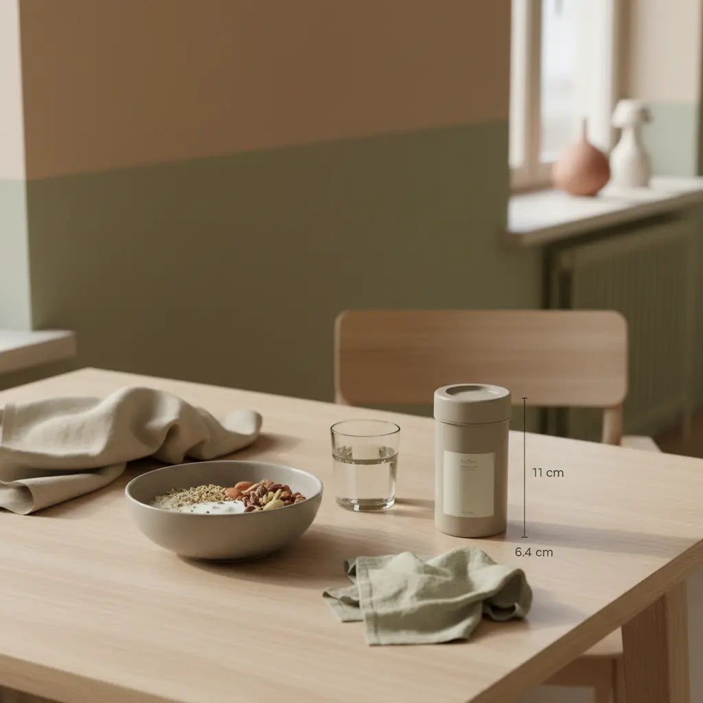 Minimalistische Morgenaufnahme einer veganen Frühstücksbowl auf nachhaltigem Holztisch mit Glas Wasser und neutralem Shaker im Vegardians-Stil – wie lange wirken bitterstoffe