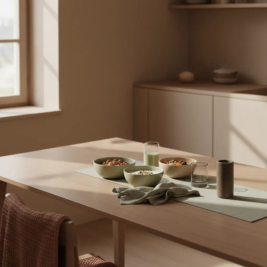 Minimalistischer Frühstückstisch mit veganem Granola, Joghurt, Nüssen, Shake und dem Produkt aus den Referenzfotos in einer europäischen Küche am Morgen. Wie motiviere ich meine Frau zum Sport