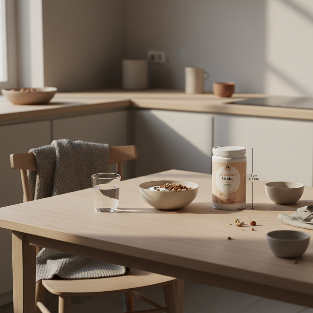 Minimalistisches veganes Frühstück in heller europäischer Küche mit Granola, pflanzlichem Joghurt, Nüssen, Shake und Glas Wasser – wie-muskelaufbau-ohne-milch