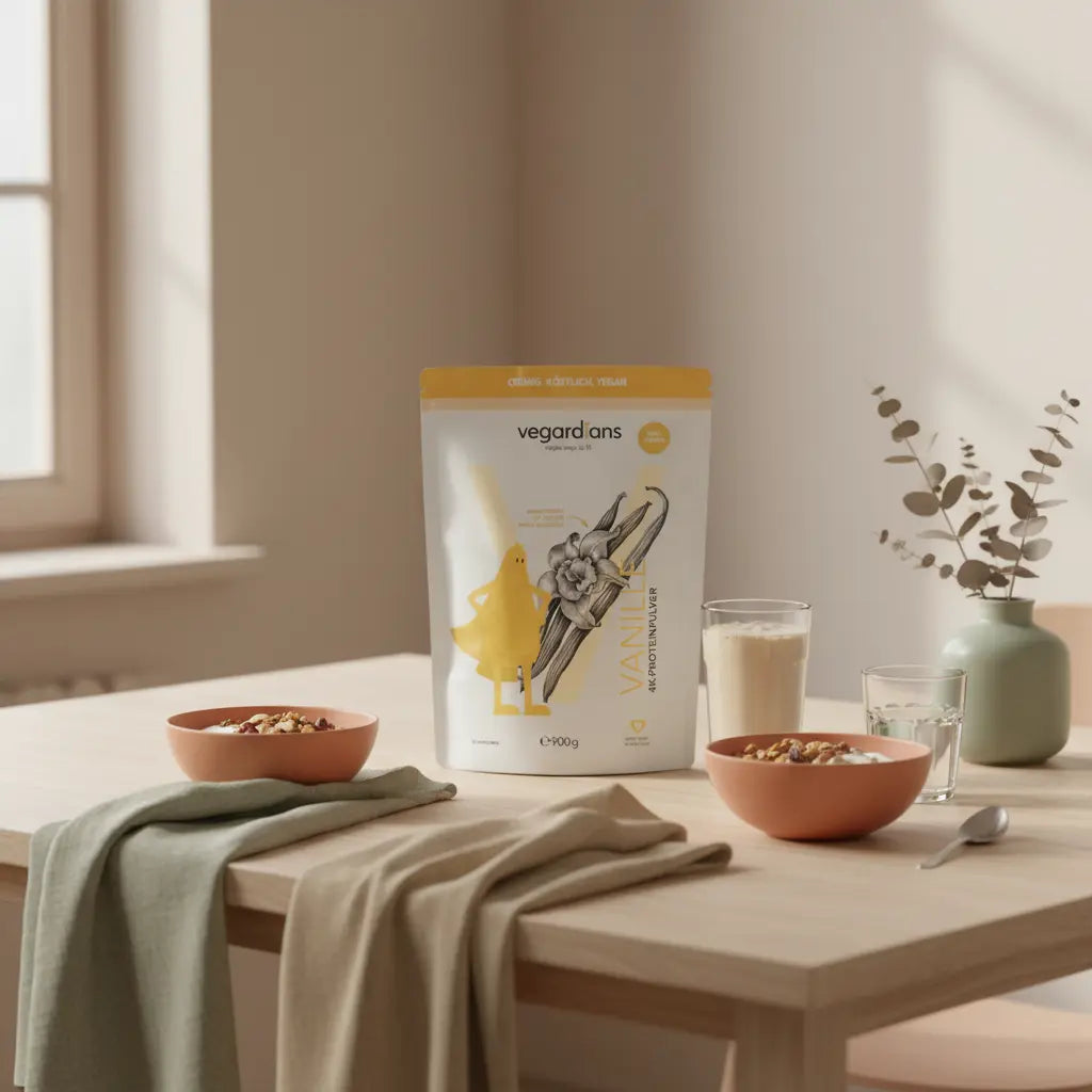 Wie nehme ich mit 40 Jahren am besten ab? Minimalistische Morgenlicht-Küchenszene mit nachhaltigem Tisch, Müsli, pflanzlichem Joghurt, Nüssen und Proteinshake in erdiger Beige-, Salbei- und Terrakotta-Palette.