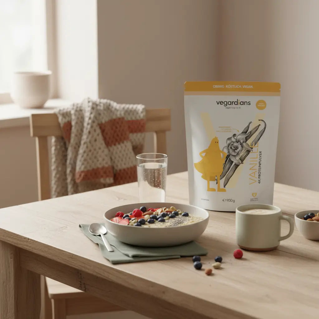Minimalistische europäische Küchenszene mit proteinreichem veganem Porridge, Nüssen, Beeren und Proteinshake auf nachhaltigem Holztisch – wie oft am tag essen für muskelaufbau