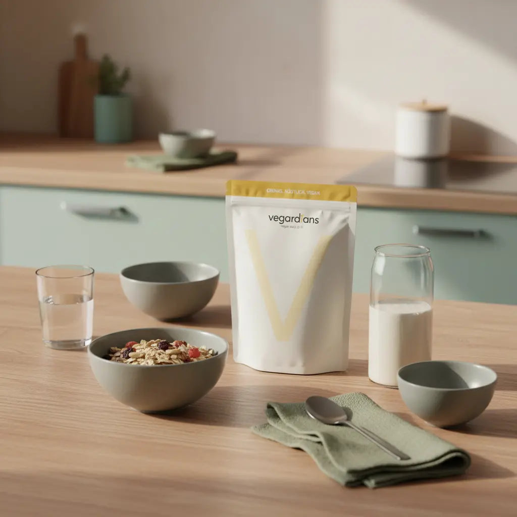 Minimalistisches Frühstücksstillleben: Holztisch mit Glas Wasser, Schale Müsli, Nüssen und Vegardians-Produkt im warmen Morgenlicht – wie oft krafttraining pro woche